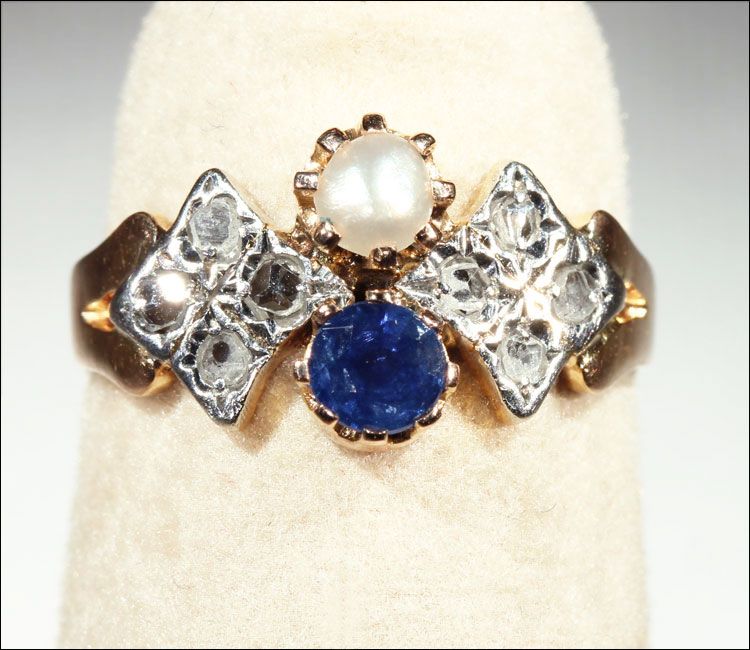 Antique Sapphire, Pearl and Rose Cut Diamond Ring, 18k & Platinum c. 1905 Antique Sapphire, Pearl and Rose Cut Diamond Ring, 18k & Platinum c. 1905