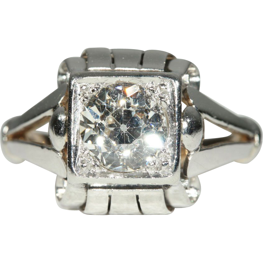 Retro 1.55ct Diamond Platinum and 18k Gold Engagement Ring Solitaire Retro 1.55ct Diamond Platinum and 18k Gold Engagement Ring Solitaire