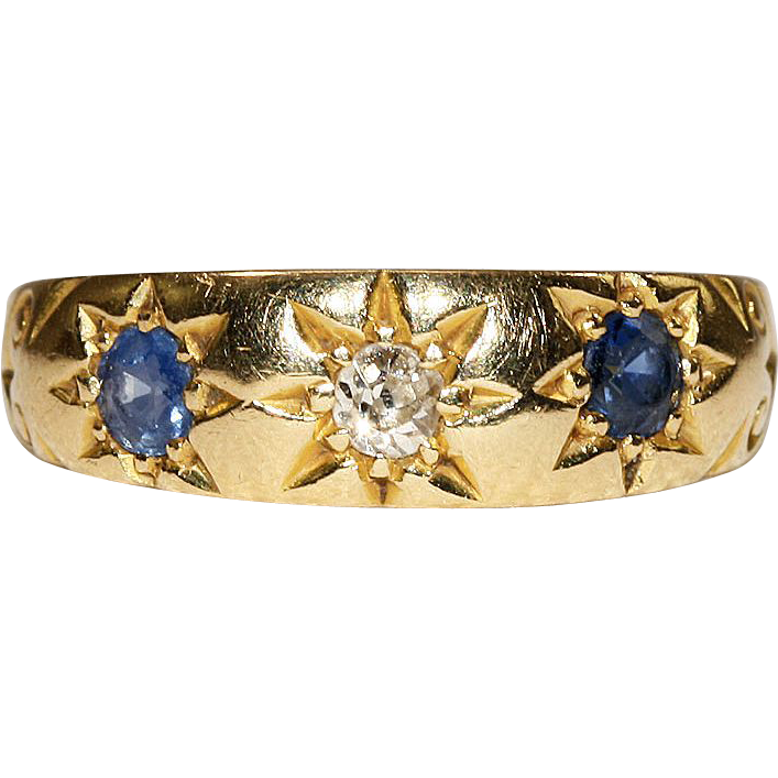 Antique Victorian Classical 3 Stone Diamond and Sapphire Ring, 18k Gold Antique Victorian Classical 3 Stone Diamond and Sapphire Ring, 18k Gold