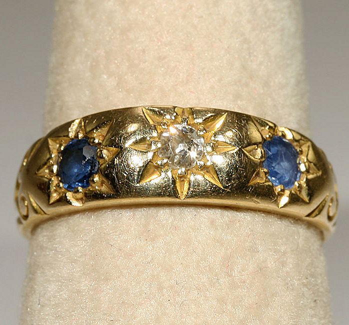 Antique Victorian Classical 3 Stone Diamond and Sapphire Ring, 18k Gold Antique Victorian Classical 3 Stone Diamond and Sapphire Ring, 18k Gold