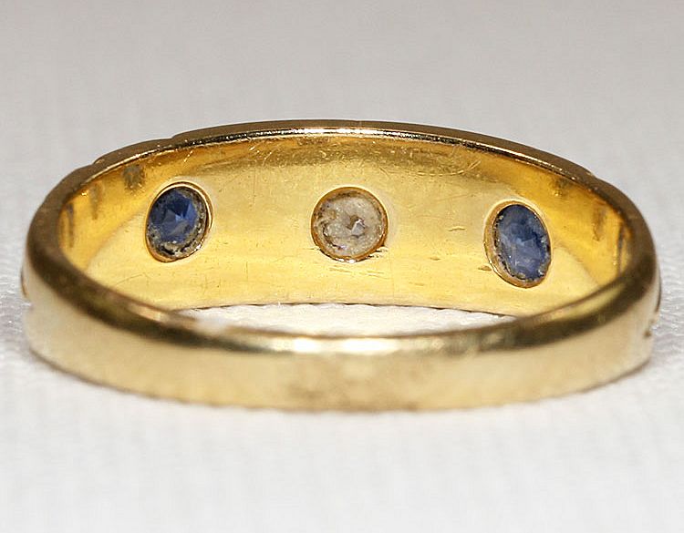 Antique Victorian Classical 3 Stone Diamond and Sapphire Ring, 18k Gold Antique Victorian Classical 3 Stone Diamond and Sapphire Ring, 18k Gold