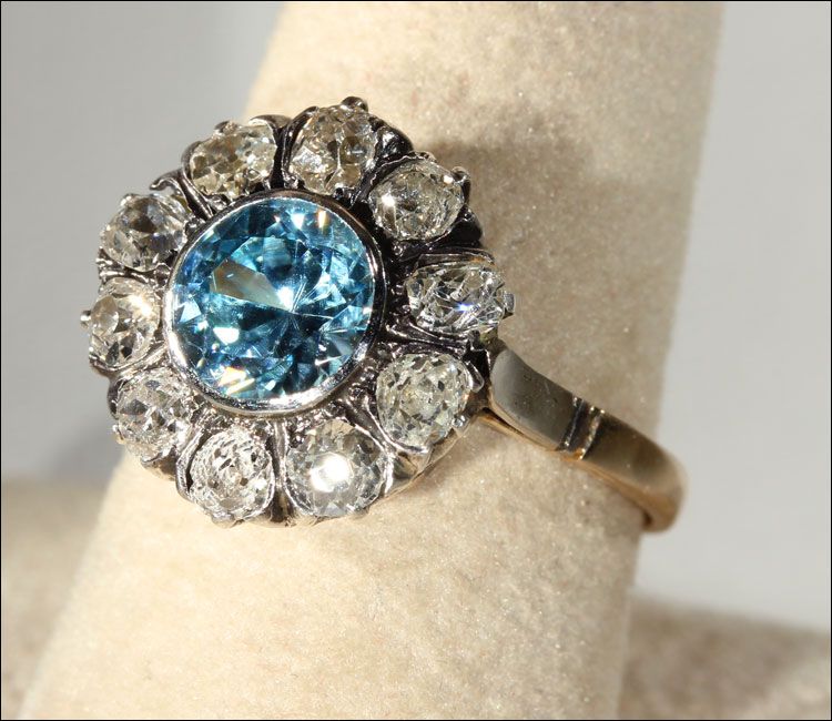 Antique Blue Zircon and Diamond Ring, European c. 1900 Antique Blue Zircon and Diamond Ring, European c. 1900