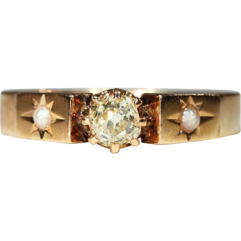 Antique French Yellow Diamond & Pearl Ring in 18k Gold Antique French Yellow Diamond & Pearl Ring in 18k Gold