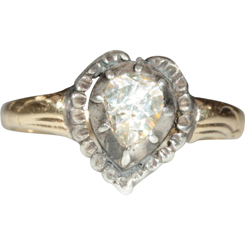 Antique 14k and Sliver European Rose Cut Diamond Heart Engagement Ring c.1860 Antique 14k and Sliver European Rose Cut Diamond Heart Engagement Ring c.1860