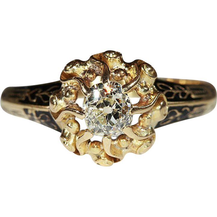 Antique Victorian Diamond Solitaire Ring, 18k Gold with Black Enamel Antique Victorian Diamond Solitaire Ring, 18k Gold with Black Enamel