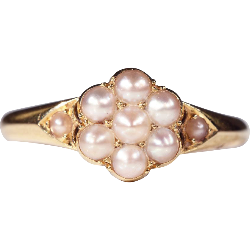 English Victorian Pearl Cluster Ring in 18k Gold English Victorian Pearl Cluster Ring in 18k Gold