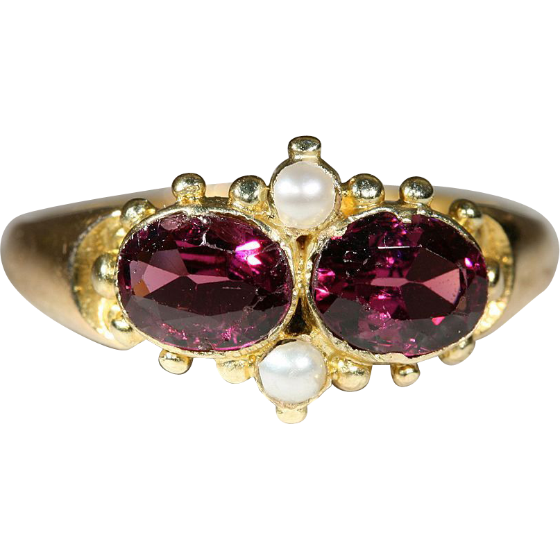 Antique 15k Victorian Garnet and Pearl Ring, Hallmarked Birmingham, England 1864 Antique 15k Victorian Garnet and Pearl Ring, Hallmarked Birmingham, England 1864