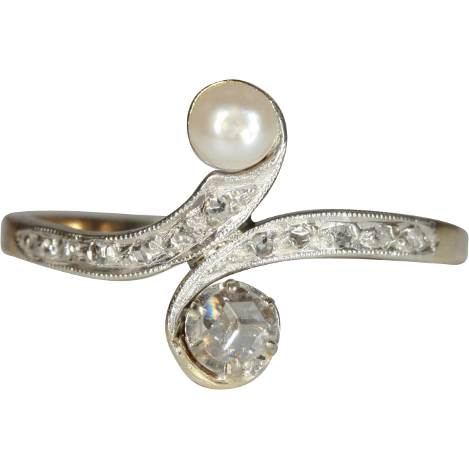 Antique Rose Cut Diamond and Pearl Bypass Ring, 18k Gold and Platinum, c. 1910 Antique Rose Cut Diamond and Pearl Bypass Ring, 18k Gold and Platinum, c. 1910
