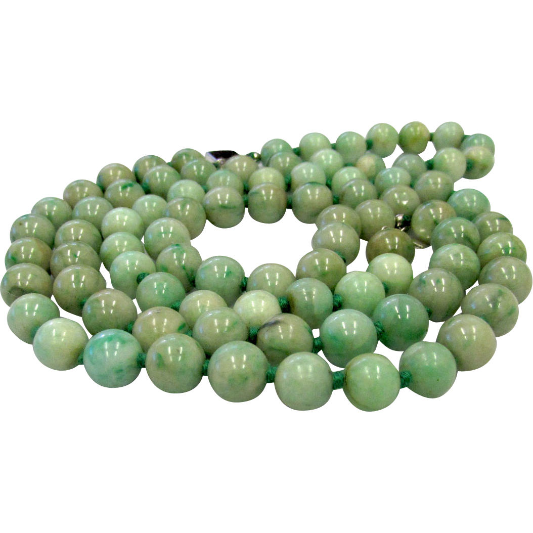 Antique Natural Green Jadeite Jade Double Strand Beads Necklace from