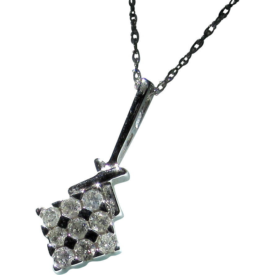 Estate10K White Gold Diamond Chessboard Pendant Chain Necklace