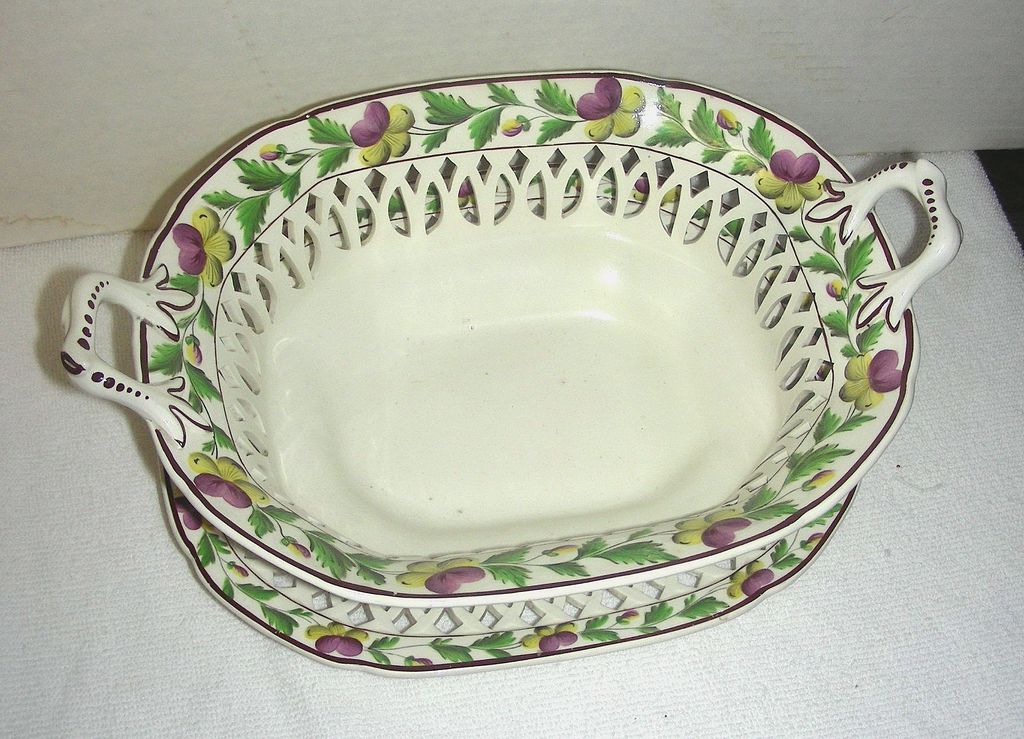 Reticulated Decorated Creamware Basket & Undertray c. 1810 Reticulated Decorated Creamware Basket & Undertray c. 1810