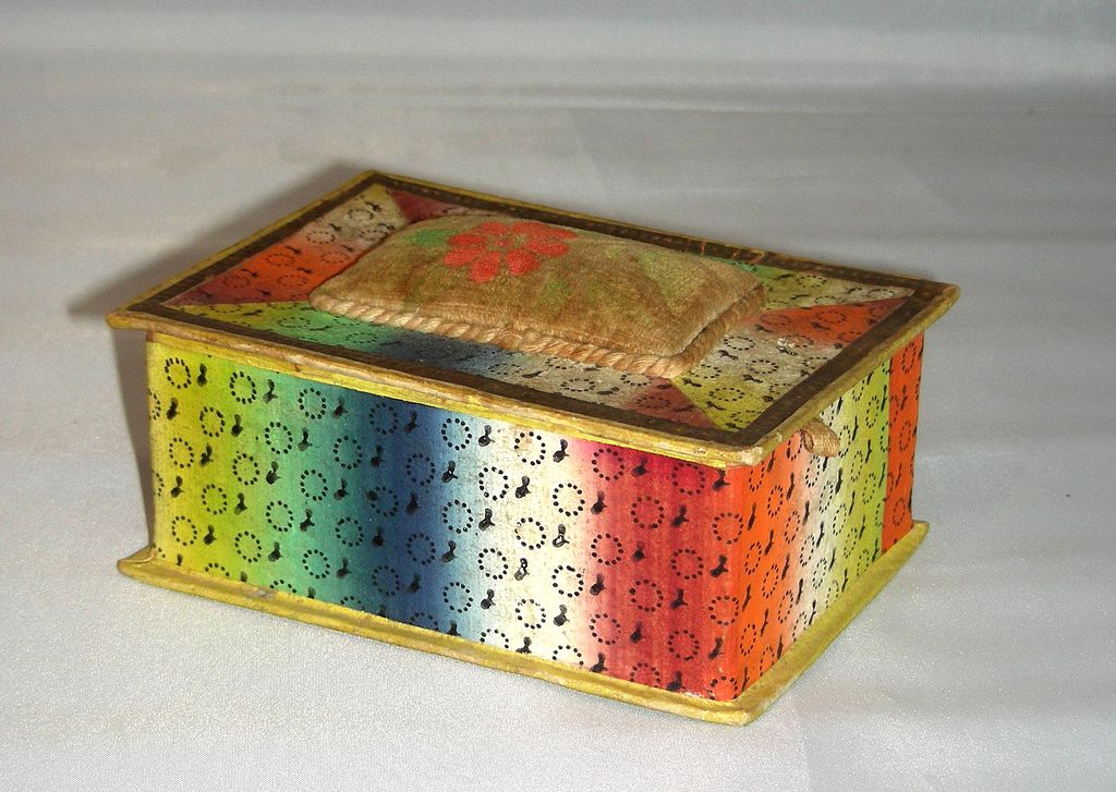 19th C. Wallpaper Trinket Box w/ Velvet Pincushion Theorem 19th C. Wallpaper Trinket Box w/ Velvet Pincushion Theorem