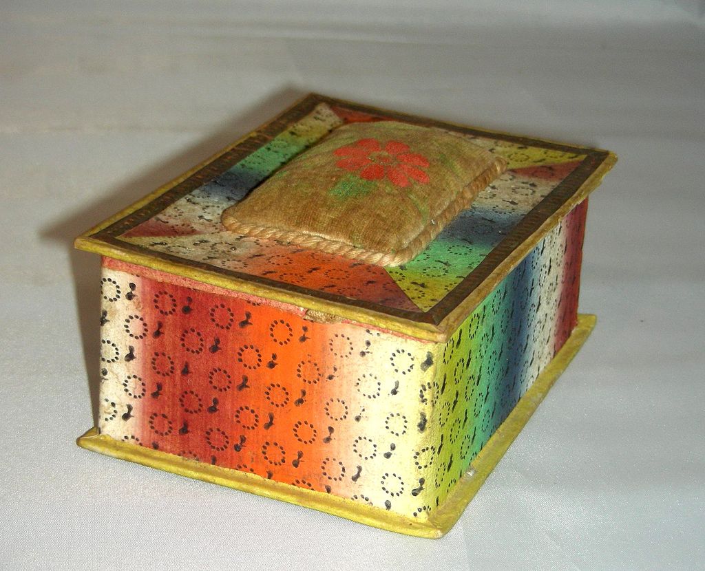 19th C. Wallpaper Trinket Box w/ Velvet Pincushion Theorem 19th C. Wallpaper Trinket Box w/ Velvet Pincushion Theorem