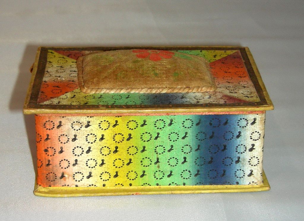 19th C. Wallpaper Trinket Box w/ Velvet Pincushion Theorem 19th C. Wallpaper Trinket Box w/ Velvet Pincushion Theorem