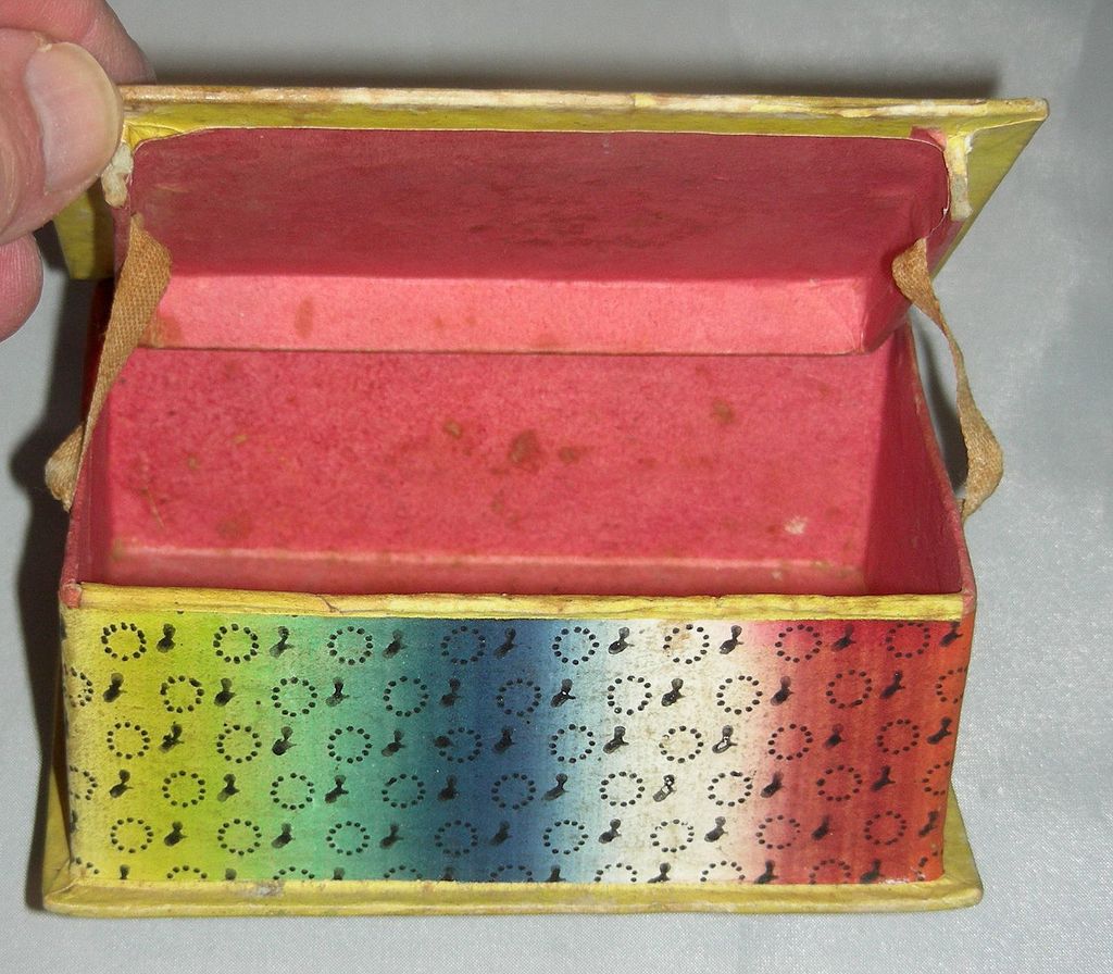 19th C. Wallpaper Trinket Box w/ Velvet Pincushion Theorem 19th C. Wallpaper Trinket Box w/ Velvet Pincushion Theorem