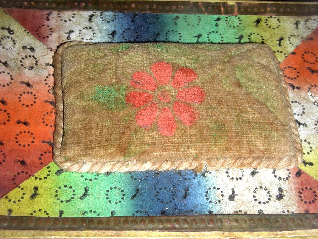 19th C. Wallpaper Trinket Box w/ Velvet Pincushion Theorem 19th C. Wallpaper Trinket Box w/ Velvet Pincushion Theorem