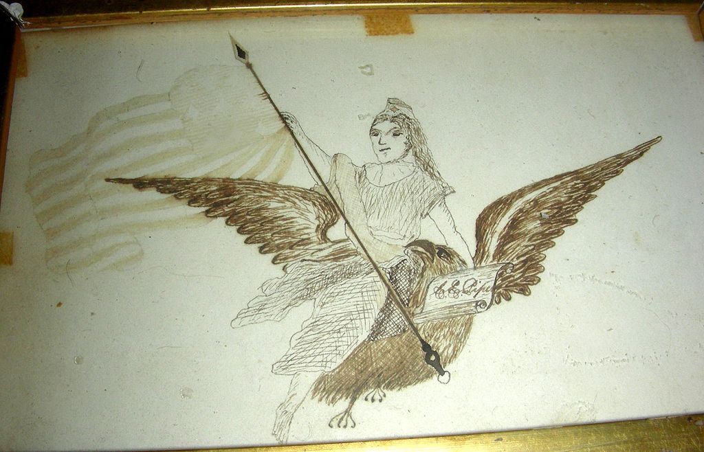 American Patriotic Calligraphy w/ Lady Liberty, an Eagle and the American Flag, c. 1876 American Patriotic Calligraphy w/ Lady Liberty, an Eagle and the American Flag, c. 1876