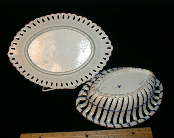 Blue Edge Pearlware Ribbon Basket & Tray w/ Basketweave Decoration c. 1800 Blue Edge Pearlware Ribbon Basket & Tray w/ Basketweave Decoration c. 1800