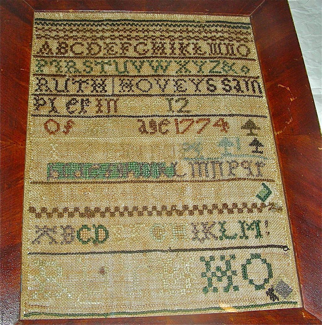 1774 American Needlework Sampler by Ruth Hovey, Oxford, MA w/ Genealogy 1774 American Needlework Sampler by Ruth Hovey, Oxford, MA w/ Genealogy