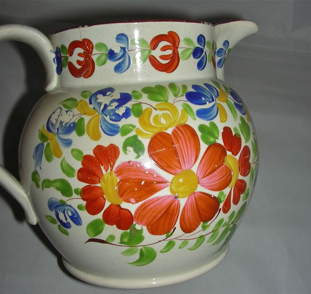 English Pearlware Polychrome Floral Jug w/ Overglaze Decoration, c. 1830 English Pearlware Polychrome Floral Jug w/ Overglaze Decoration, c. 1830