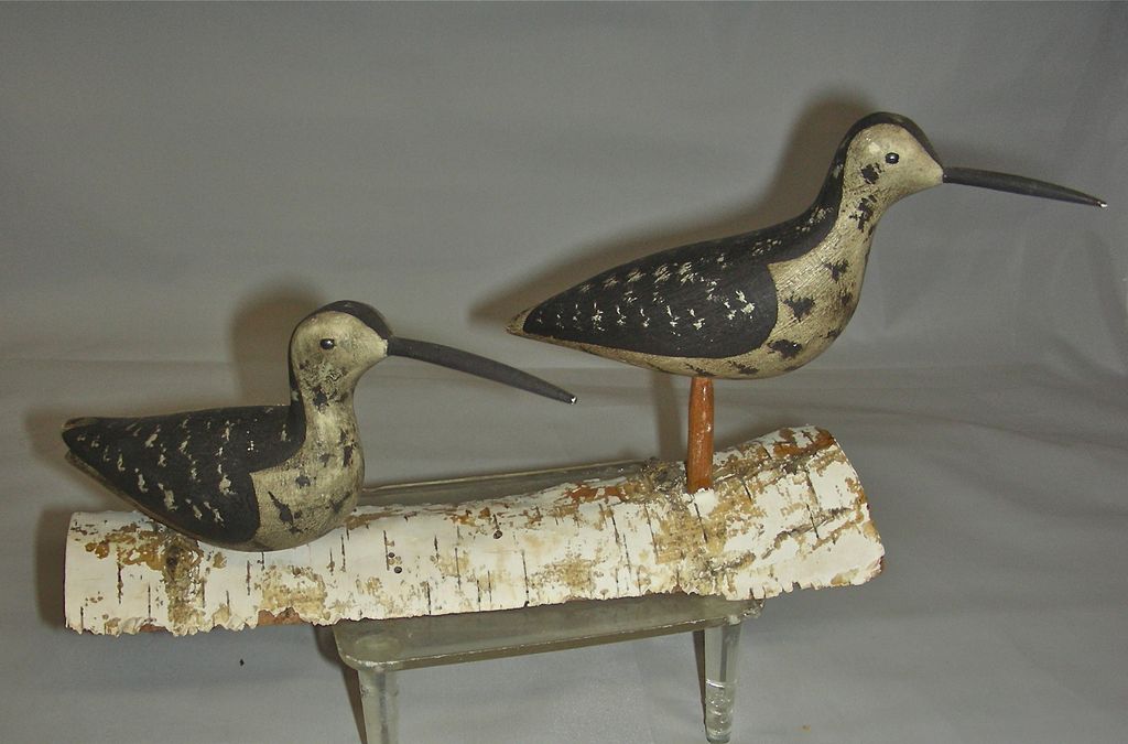 Rig of 5 Miniature Shore Bird Decoys in Original Paint w/ Birch Stands Rig of 5 Miniature Shore Bird Decoys in Original Paint w/ Birch Stands