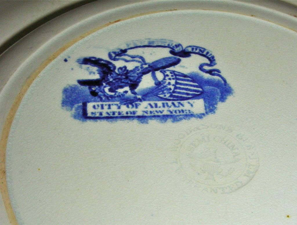 Dark Blue American Historical Staffordshire Soup Bowl: City of Albany from Shell Border Series by Wood, c. 1830 Dark Blue American Historical Staffordshire Soup Bowl: City of Albany from Shell Border Series by Wood, c. 1830
