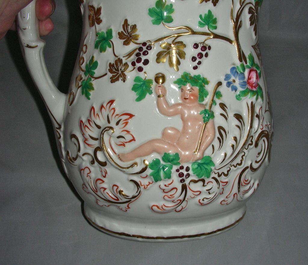 Large Early 19th C. Porcelain Presentation Jug w/ Molded Bacchus & Grape Decoration Large Early 19th C. Porcelain Presentation Jug w/ Molded Bacchus & Grape Decoration