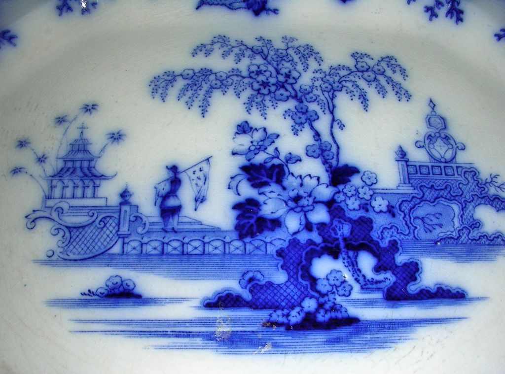 16" Staffordshire Flow Blue Scinde Pattern Platter, c. 1840 16" Staffordshire Flow Blue Scinde Pattern Platter, c. 1840