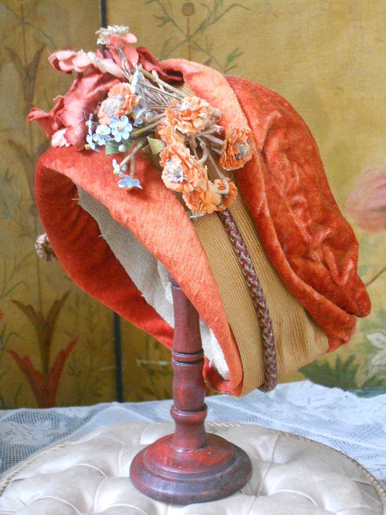 ~~~ Wonderful Antique French Silk Velvet Doll Bonnet ~~~ ~~~ Wonderful Antique French Silk Velvet Doll Bonnet ~~~