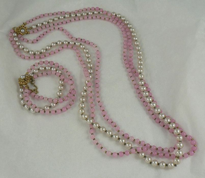 Miriam Haskell Pink Poured Glass Beads & Faux Pearls~Set Miriam Haskell Pink Poured Glass Beads & Faux Pearls~Set