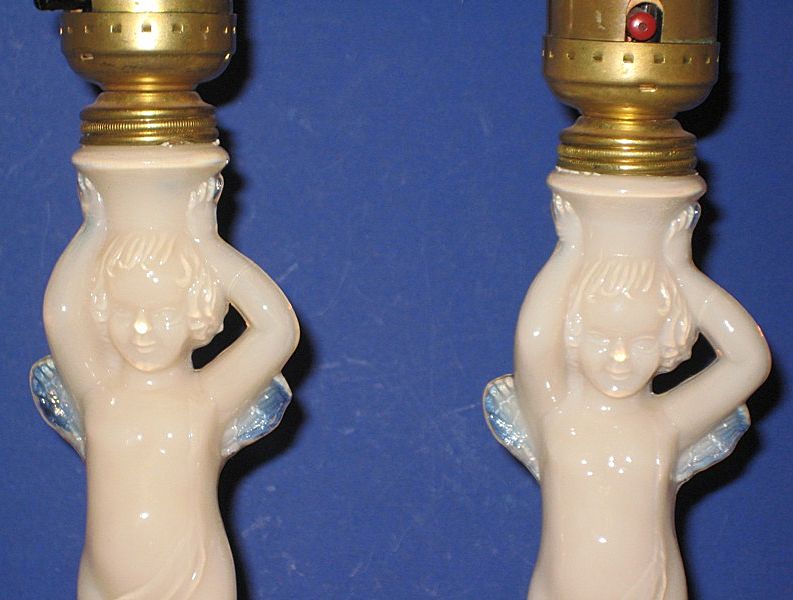 Aladdin Alacite Glass Cupid pink base Lamps PAIR Aladdin Alacite Glass Cupid pink base Lamps PAIR