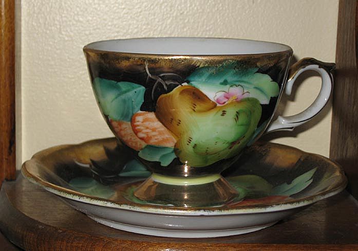 Tea Cup, ftd & Saucer Black and Gold, Pear & Berries Decorated Tea Cup, ftd & Saucer Black and Gold, Pear & Berries Decorated
