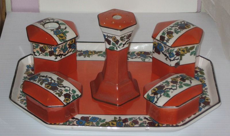 Dresser Set Crown Pottery John Tams Ltd.Tray, Hatpin, Jars Dresser Set Crown Pottery John Tams Ltd.Tray, Hatpin, Jars