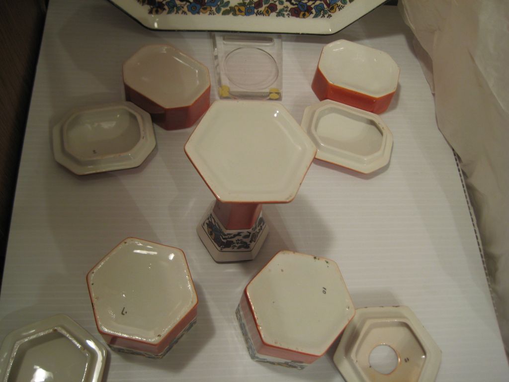 Dresser Set Crown Pottery John Tams Ltd.Tray, Hatpin, Jars Dresser Set Crown Pottery John Tams Ltd.Tray, Hatpin, Jars