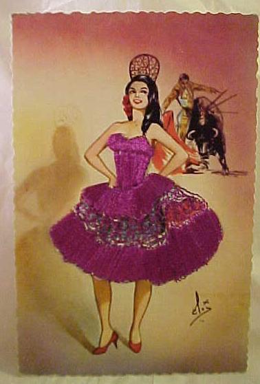 Silks: 1950-60 Flamenco Dancer Purple Dress Post Card Silks: 1950-60 Flamenco Dancer Purple Dress Post Card
