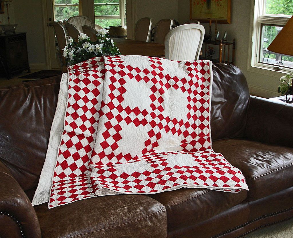 HUGE Antique Turkey Red and White Double Irish Chain QUILT HUGE Antique Turkey Red and White Double Irish Chain QUILT