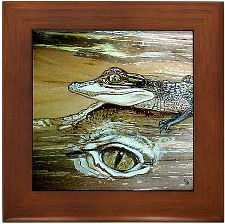Framed Ceramic Tile of Alligator Baby Atop Mom's Head Framed Ceramic Tile of Alligator Baby Atop Mom's Head