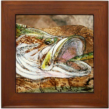 Bass Jumping for Lure Framed Tile in Cherry Wood Bass Jumping for Lure Framed Tile in Cherry Wood