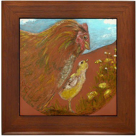Red Hen and Chick Art on Ceramic Wooden Framed Tile Red Hen and Chick Art on Ceramic Wooden Framed Tile