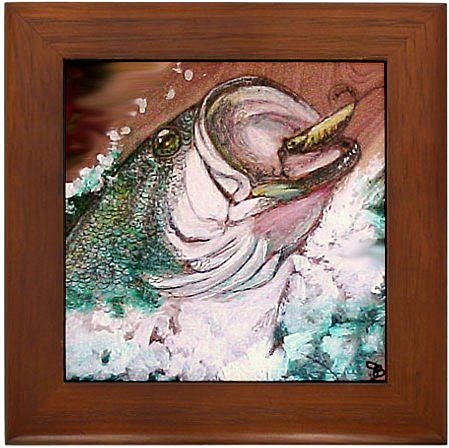 Large Mouth Bass Jumping for Lure - Framed Tile in Cherry Wood Large Mouth Bass Jumping for Lure - Framed Tile in Cherry Wood