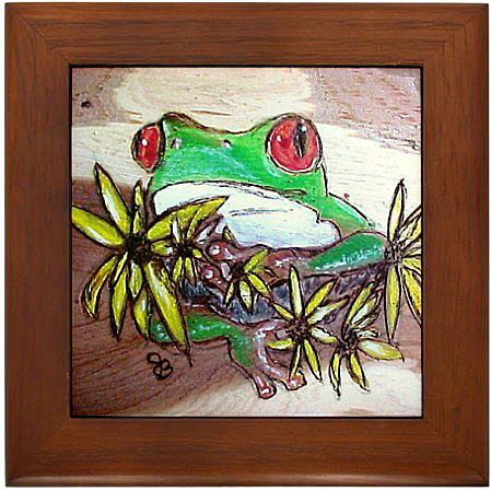 Red Eyed Tree Frog w/ flower Wood Framed Ceramic Tile Red Eyed Tree Frog w/ flower Wood Framed Ceramic Tile
