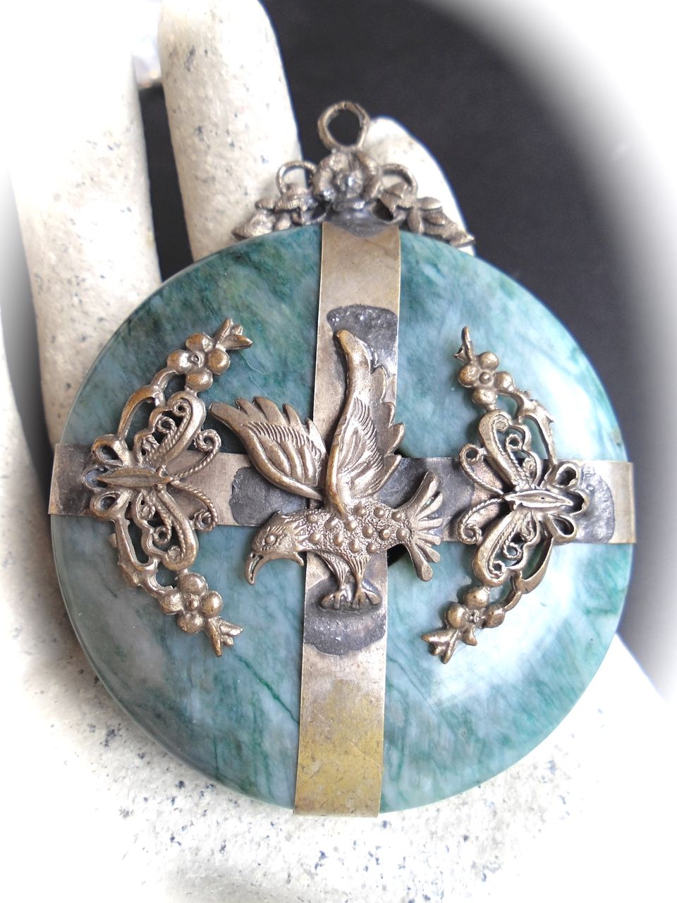 Older Large Amazonite Pendant with Raised Filigree Encased Design Older Large Amazonite Pendant with Raised Filigree Encased Design