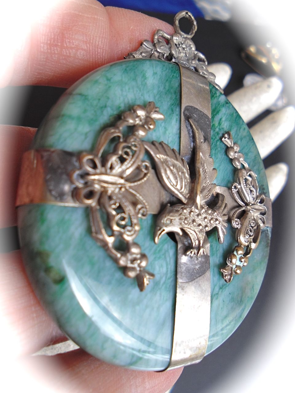 Older Large Amazonite Pendant with Raised Filigree Encased Design Older Large Amazonite Pendant with Raised Filigree Encased Design