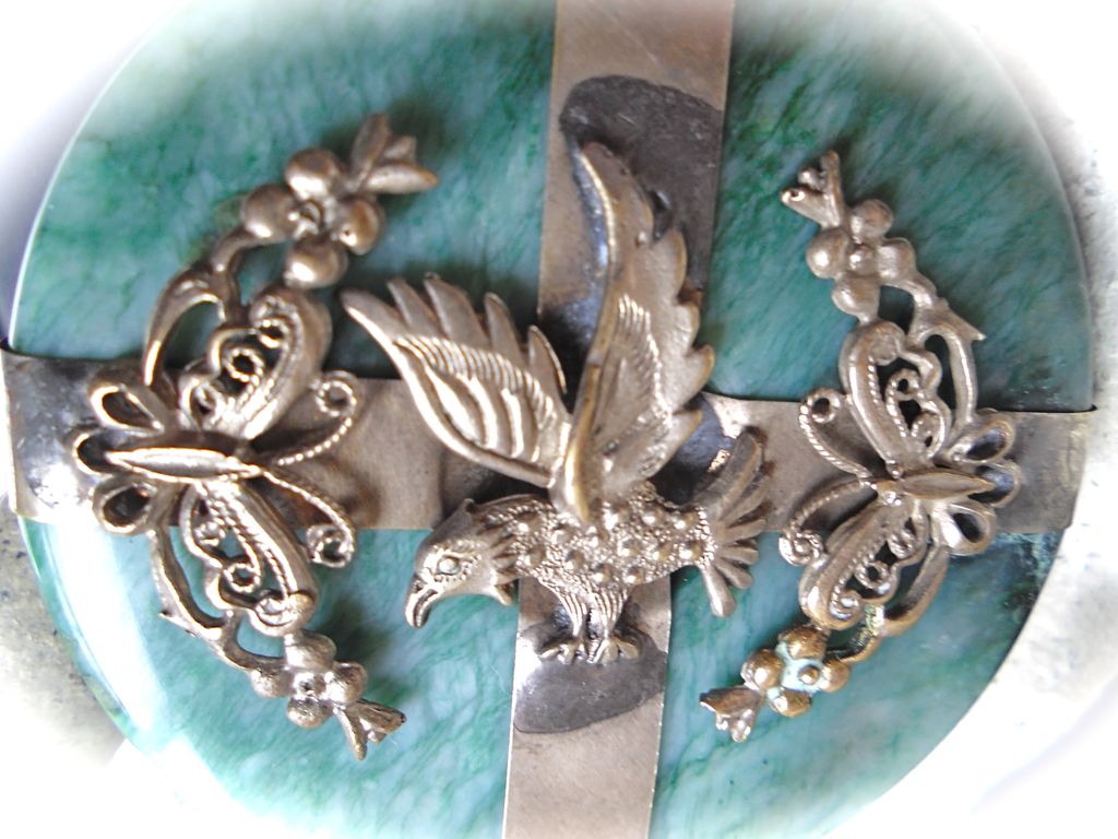 Older Large Amazonite Pendant with Raised Filigree Encased Design Older Large Amazonite Pendant with Raised Filigree Encased Design