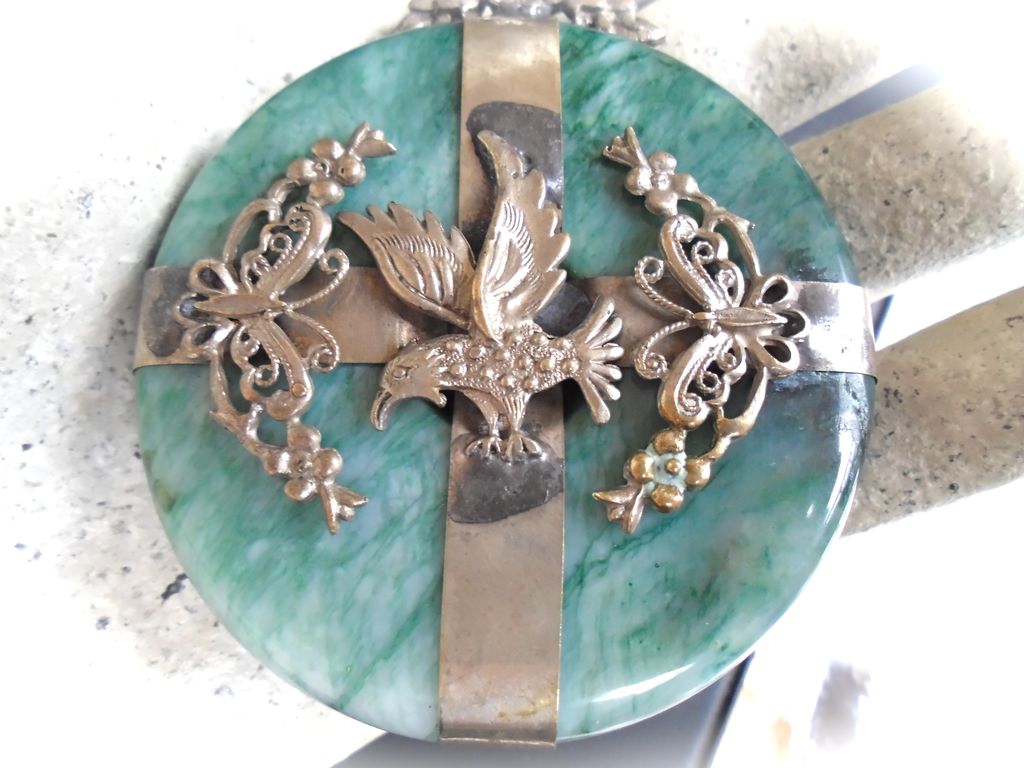 Older Large Amazonite Pendant with Raised Filigree Encased Design Older Large Amazonite Pendant with Raised Filigree Encased Design