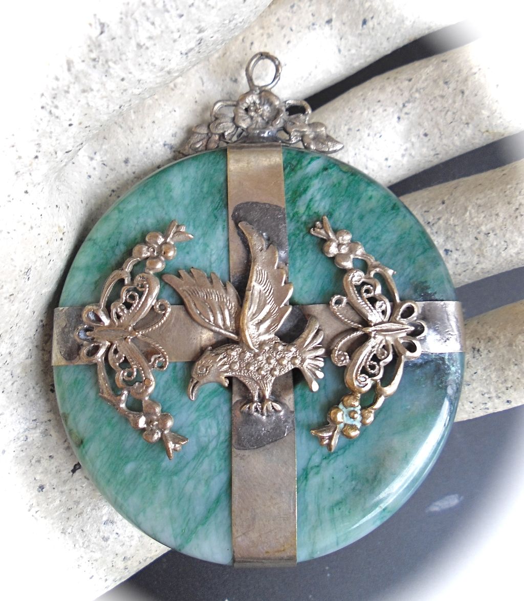 Older Large Amazonite Pendant with Raised Filigree Encased Design Older Large Amazonite Pendant with Raised Filigree Encased Design