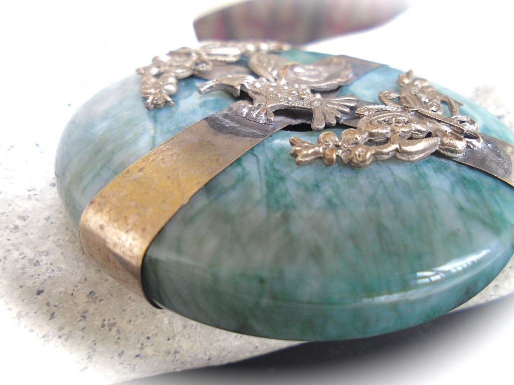 Older Large Amazonite Pendant with Raised Filigree Encased Design Older Large Amazonite Pendant with Raised Filigree Encased Design