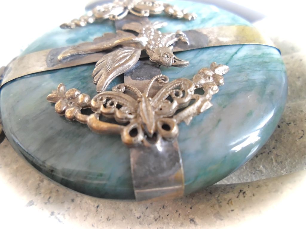 Older Large Amazonite Pendant with Raised Filigree Encased Design Older Large Amazonite Pendant with Raised Filigree Encased Design