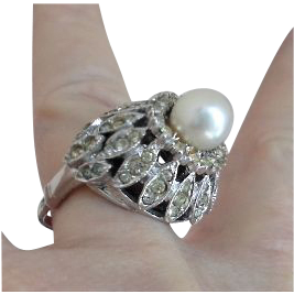 Simply Lovely, Sterling Silver, Majorca Pearl & Rhinestone Dome Ring by VENDOME Simply Lovely, Sterling Silver, Majorca Pearl & Rhinestone Dome Ring by VENDOME