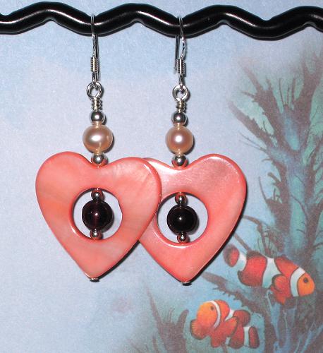 Garnet, Mother-of-Pearl Shell Hearts and Cultured Freshwater Pearl Earrings Garnet, Mother-of-Pearl Shell Hearts and Cultured Freshwater Pearl Earrings